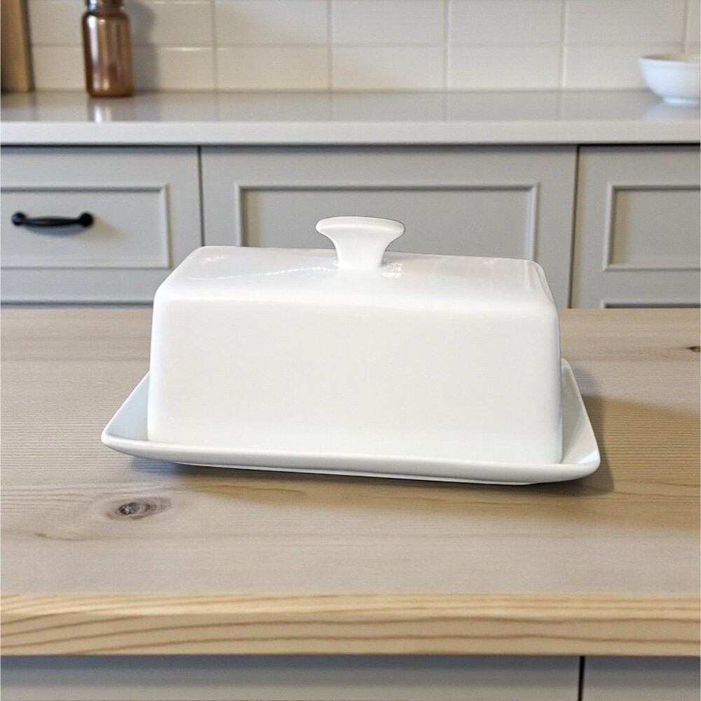 Fiddle + Fern Covered Butter Dish 8-Inch White Butter Keeper Crock Farmhouse